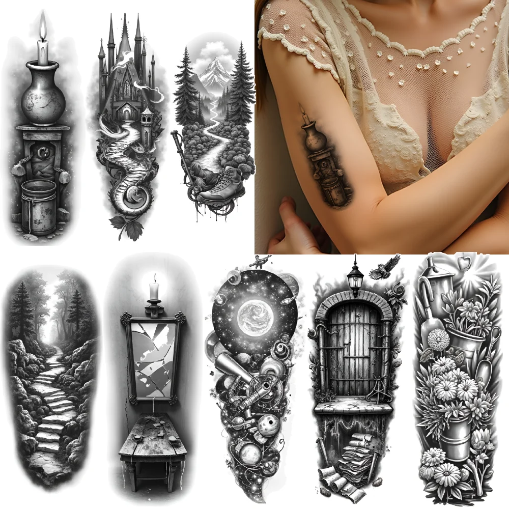

3pcs Temporary Tattoo Door Black And Grey Realism Vase River Waterproof Long-lasting Body Stickers Castle For Thighs Adults