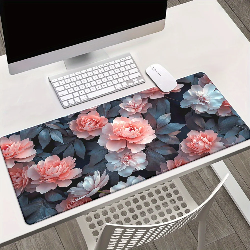 

Большой коврик для стола с розовым цветочным узором из пионов, нескользящий, с резиновой основой, увеличенный коврик для мыши для игр и офиса