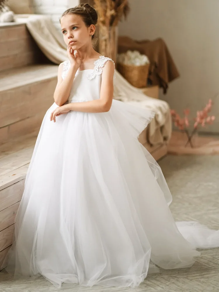 

Flower Girl Dresses White Tulle Applique With Bow Sleeveless For Wedding Birthday Party First Communion Gowns