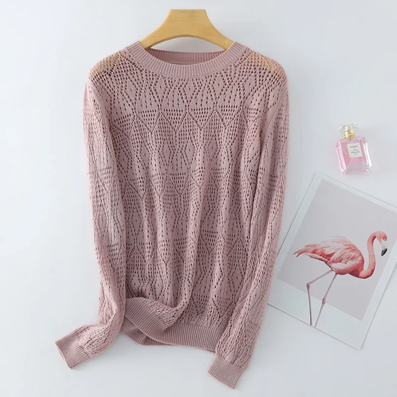 Spring Summer Cotton Sweater Thin Pullover Women's Knitted Hollow Out O-Neck Fashion Knitwear Loose See Through Look Tops