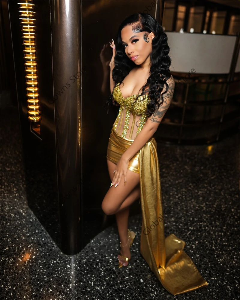 Gold Rhinestone Short Prom Dresses For Black Girl Bead Crystal Birthday Dress Women 2024 Side Train Mini Cocktail Customized