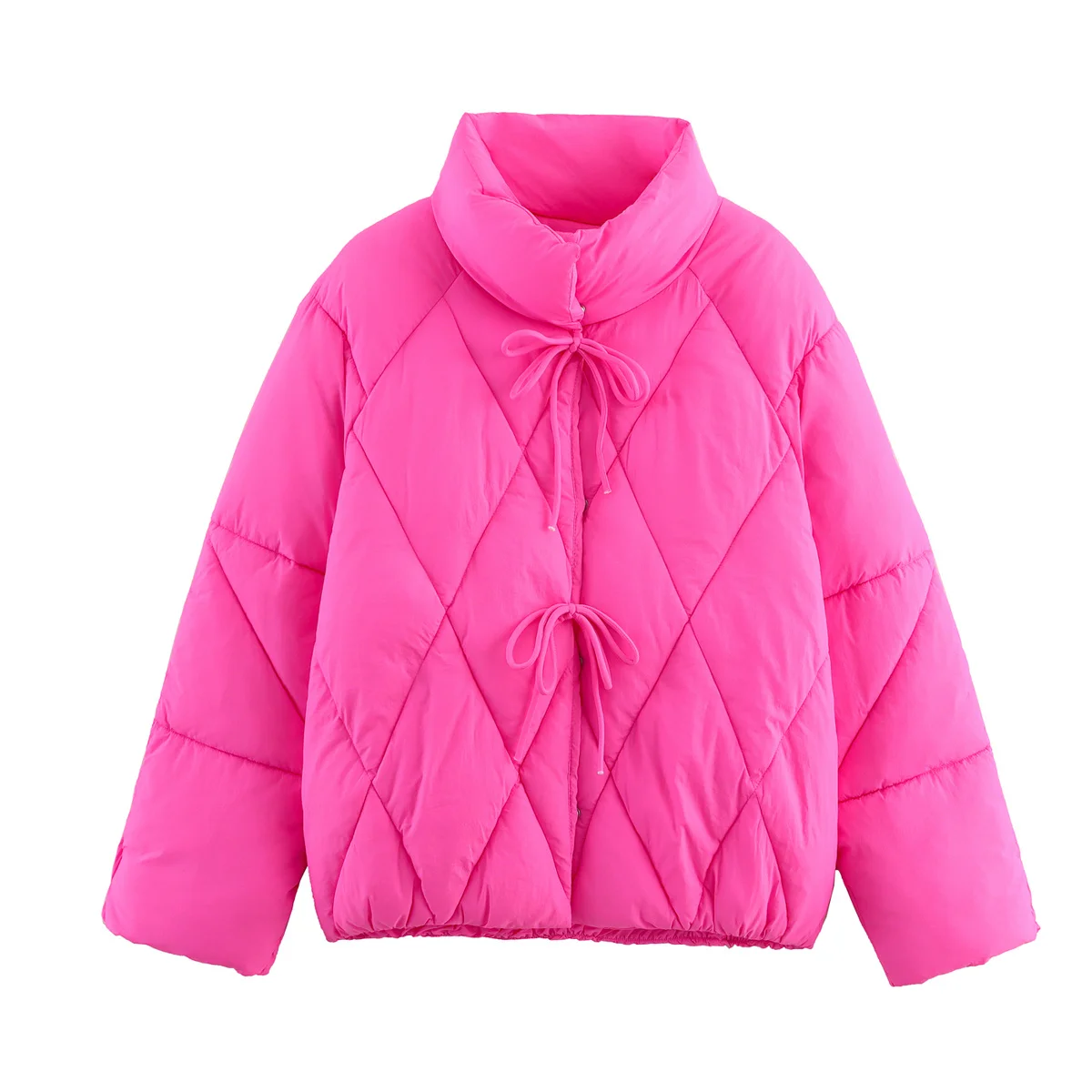 

Korejepo 2025 New Women Clothing European and American Style Tie Diamond Patterned Hand Stuffed Cotton Jacket Parkas