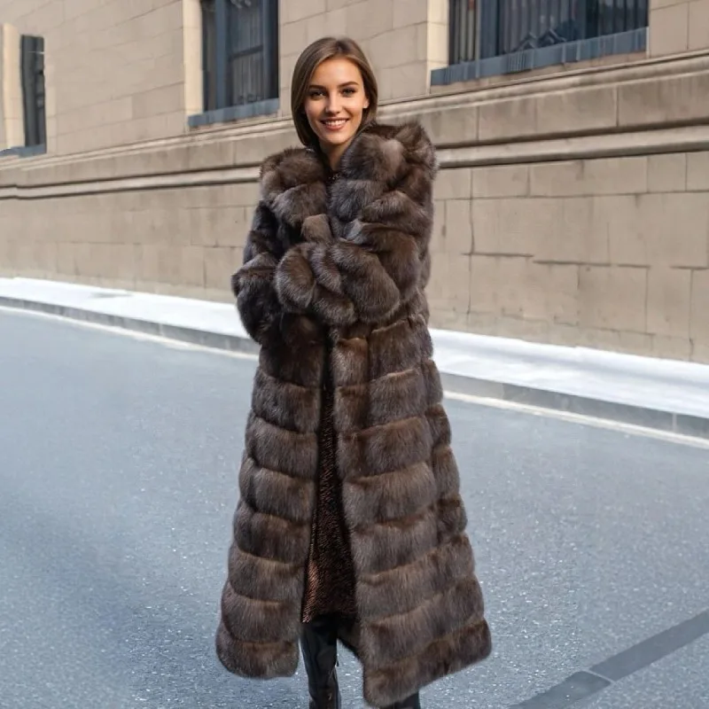 Mink Fur Coat New Style Autumn and Winter Hooded Mink Long Style Eco-friendly Faux Fur Winter Coat for Women Long Faux Fur Coat