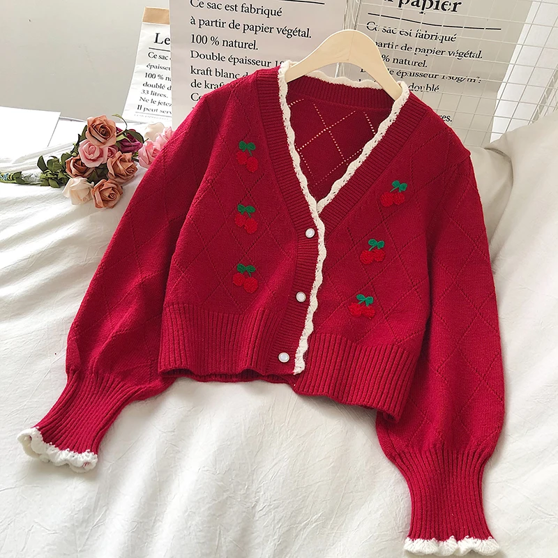 OCEANLOVE Embroidered Cardigans Knit Wear Sweet Puff Sleeve Short Mujer Chaqueta Autum Winter V Neck Cherry Sweaters Women 18958