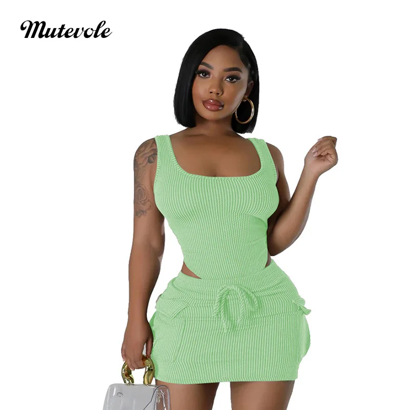 Mutevole Ribbed Two Piece Set Women Sleeveless Bodysuit Top Drawstring Pocket Mini Skirt