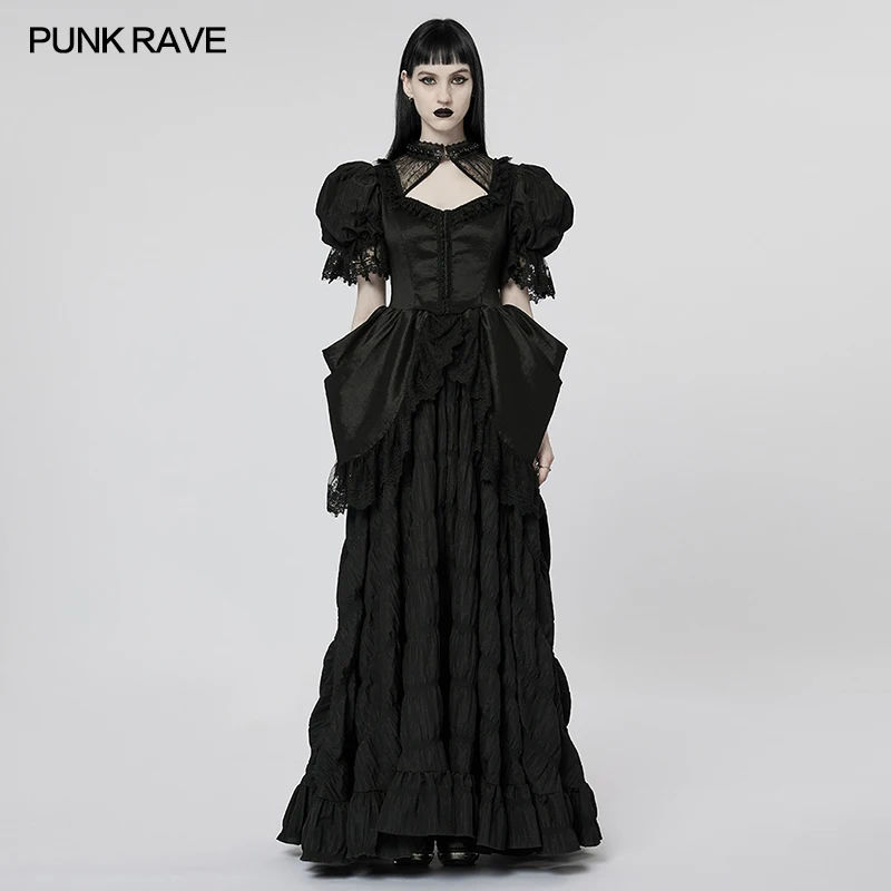 PUNK RAVE Victorian Gothic Black Textured Long Dress Women Cutout Neck Puff Sleeve Lace Trim Slim Back Ruched Maxi Gown WQ611