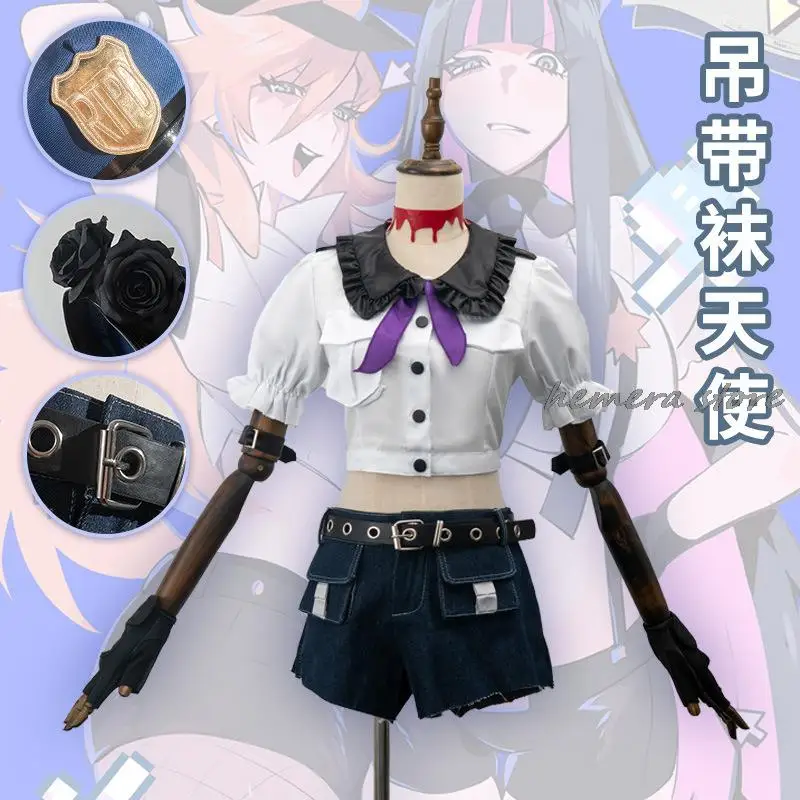 

Panty & Stocking with Garterbelt Stocking Anarchy Cosplay Costume Police Uniform Long Wig Hat with Flower Shorts Belts Gloves