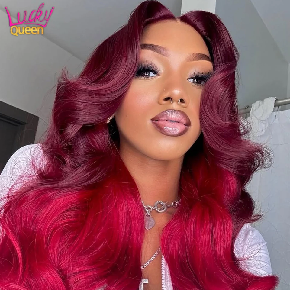 

Burgundy Pink Ombre 7X5 Human Hair Glueless Body Wave 180Density Transparent Lace Frontal Wigs For Women Brazilian Pre Plucked