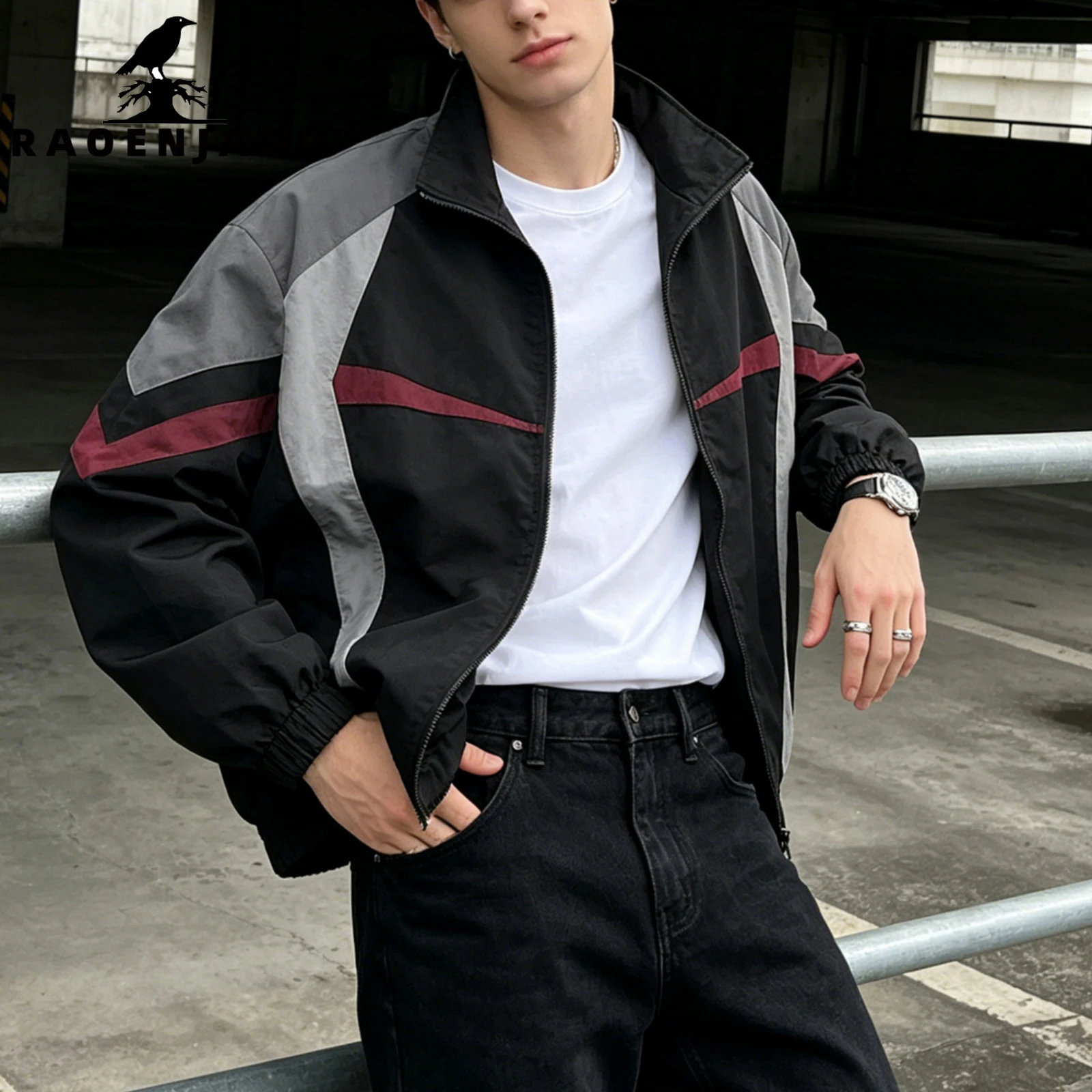 Men's Casual Varsity Jacket Colorblock Zip-Up Bomber Coat Sporty Streetwear Outerwear with and Elastic Cuffs for Outdoor Wear
