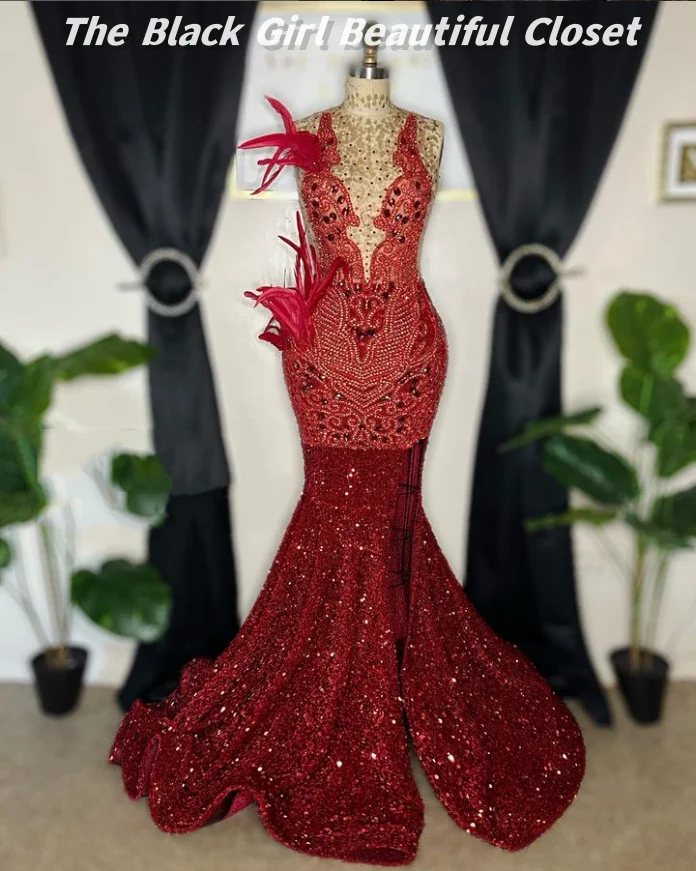 Elegant Red Evening Black Girls Diamonds Pearls Sequins Feather Decoration Party Dresses 2024 Feather Side Slit Prom Dresses