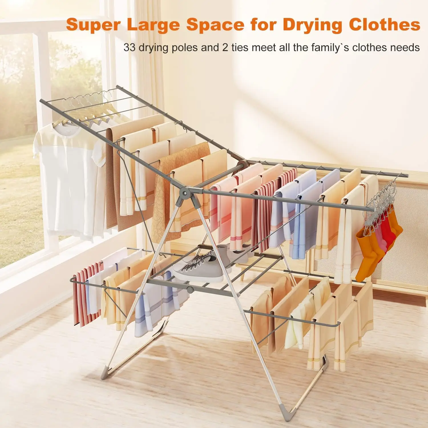 Stainless Steel Drying Rack 2-Level Floor-Standing Folding Household Clothes Drying Cool Balcony Simple Baby Clothes Quilt Rack