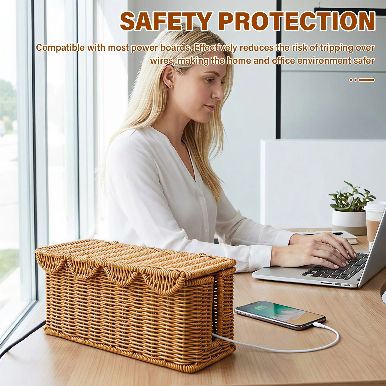 Handcrafted Rattan Cable Management Box Cords Hider Storage Office Desk Charger Socket Network Cord Organizer view 3