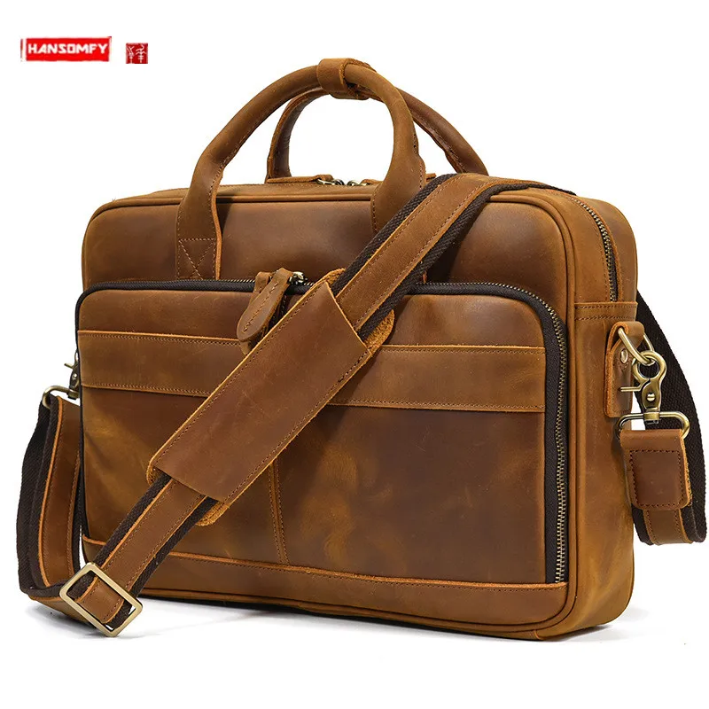 

Retro Crazy Horse Leather Men's Briefcase 14-Inch Computer Bag First Layer Cowhide Handbags Shoulder Messenger Bags Vintage