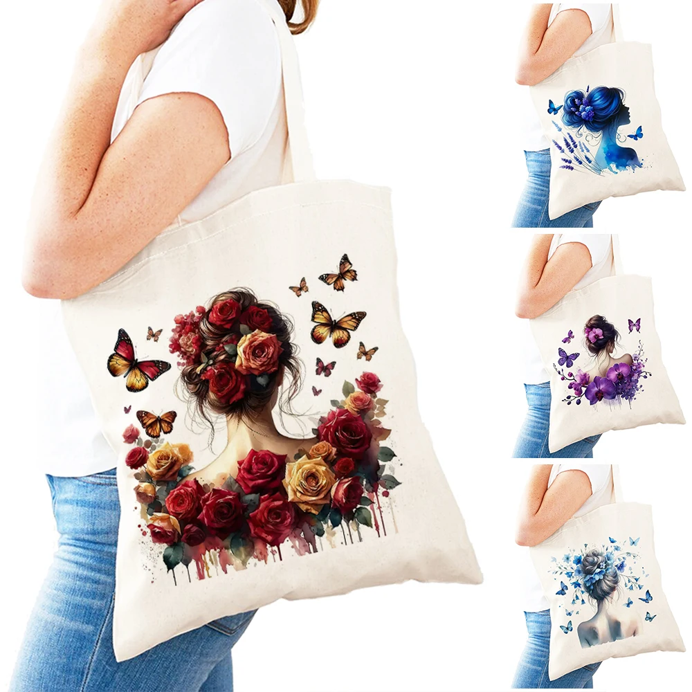 

Fashion Rose Hairstyle Lady Shopper Bags Blue Lavender Women Daily use Shoulder Handbag Double Print Orchid Girl Shopping Bags