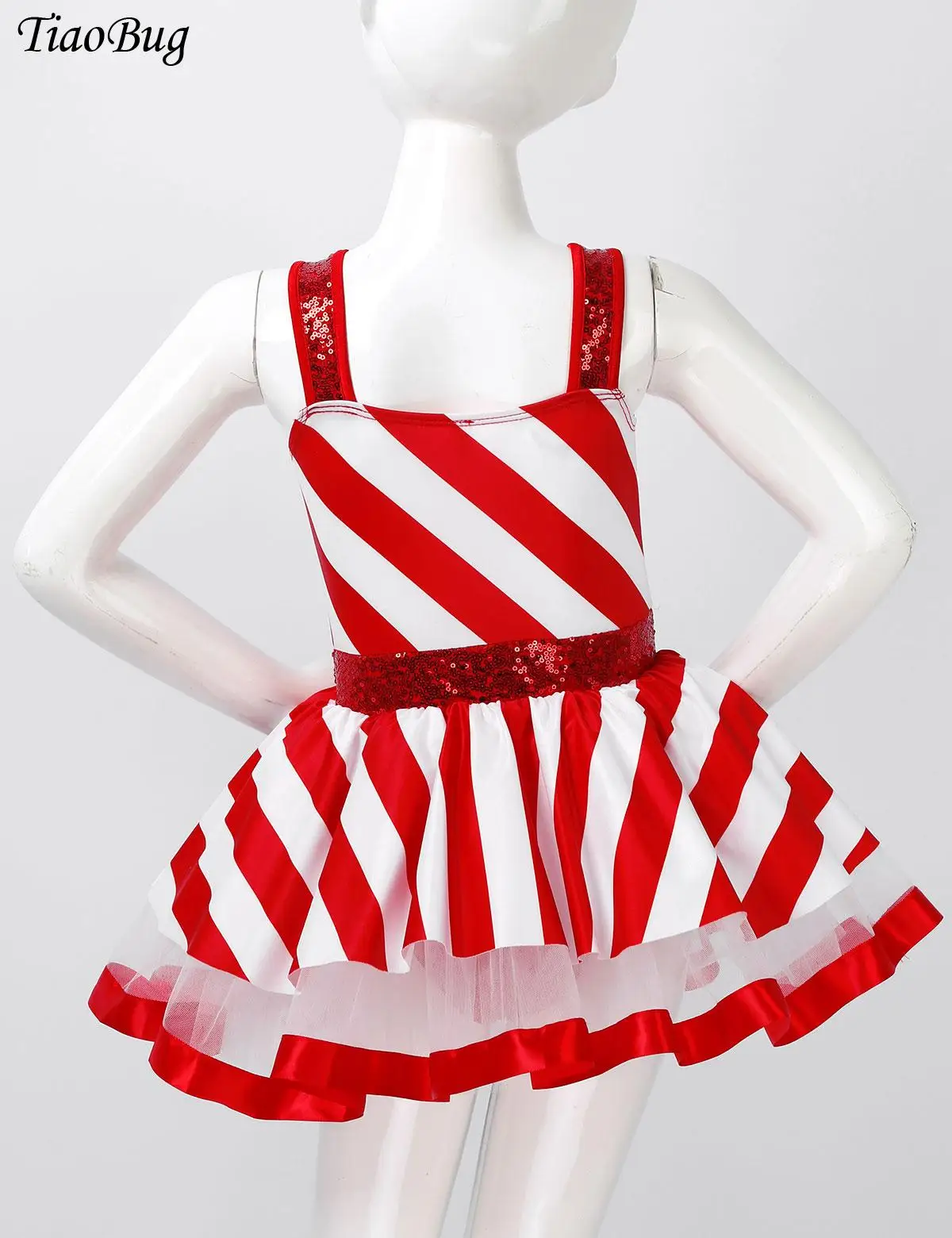 

Girls Christmas Dance Costume Sleeveless Sequin Candy Cane Striped Mesh Tutu Dress Figure Ice Skating Ballet Leotard Dresswear