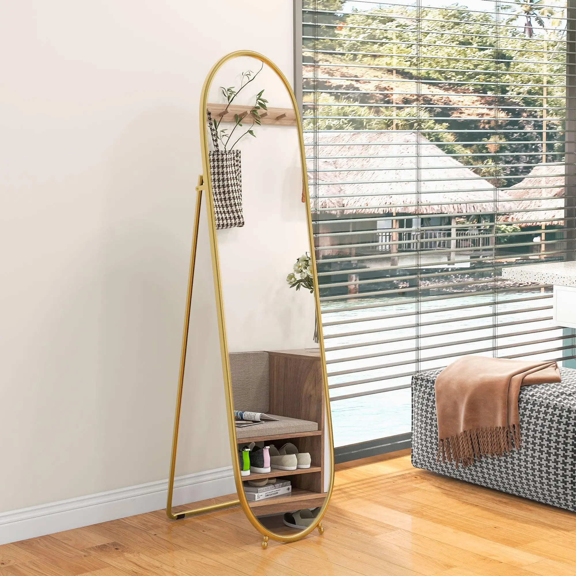 Miroir sur pied doublement réglable de forme ovale 160x40cm doré, protégé contre les éclats avec cadre en métal