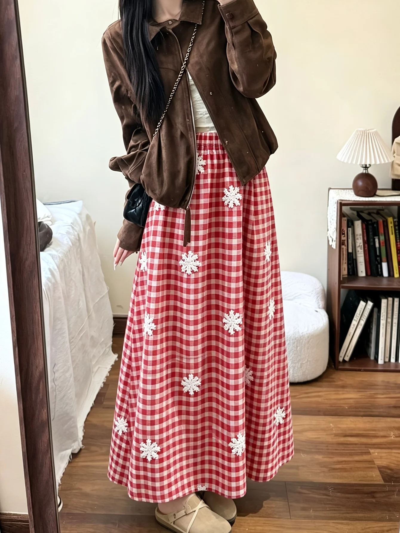 Red Checkered Embroidered Flower Half-length Dress With Adjustable Waist For Daily Date And Casual Wear A-line Long Dress