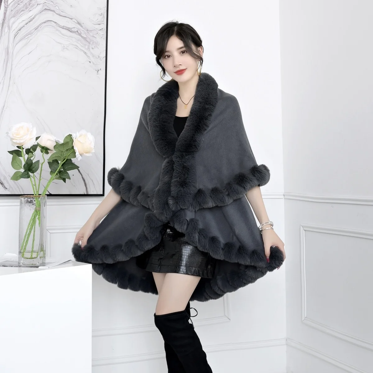 Fashion Loose Cardigan Cloak Shawl Coat for Women Elegant Warm Faux Fur Collar Poncho Jacket Female Solid Cape Outwear Tops