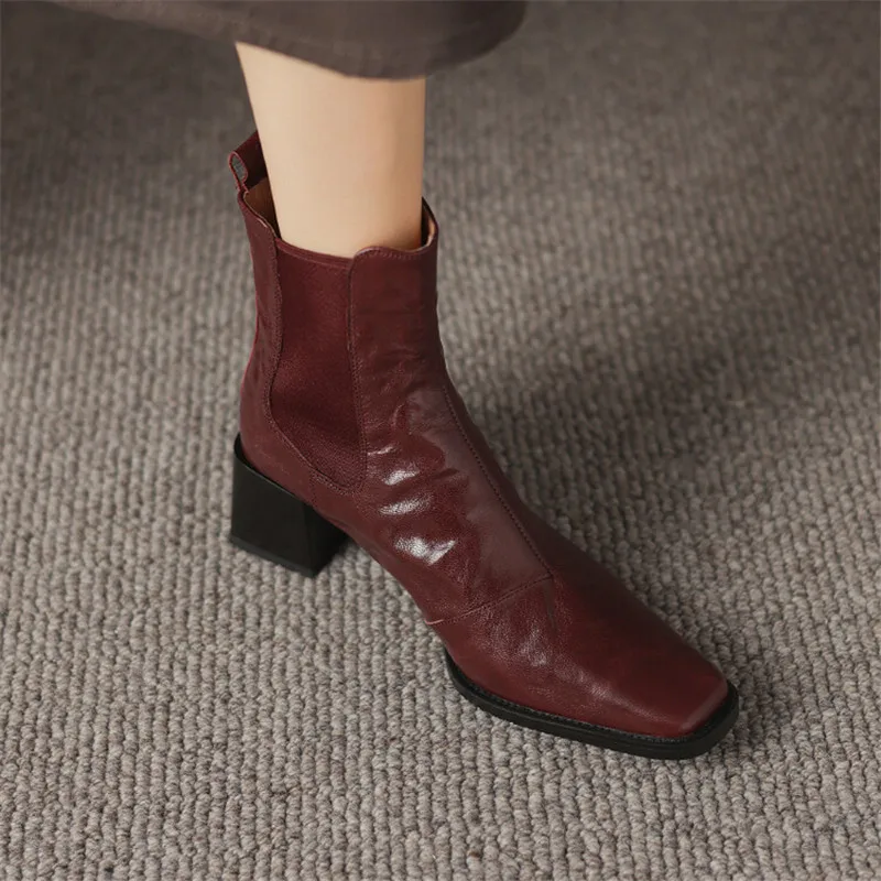 New Autumn Winter Genuine Leather Women Boot Fashion Boots Square Toe Chunky Heels Boots for Women Zapatos Mujer High Heels