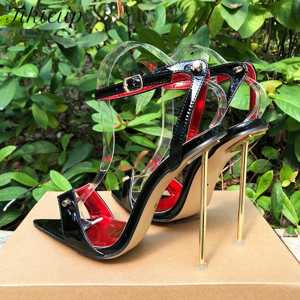 Women Stilettos Pumps 12cm Metal High Heels Sexy Ankle Strap Pointy Toe Sandals Fetish Model SM Man Drag Queen Unisex Shoes