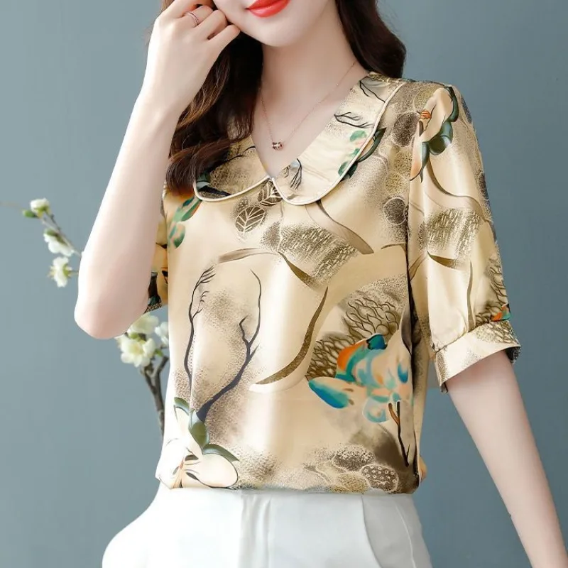 Summer Loose Fitting Slimming Mid Sleeve Women\'s New Style Temperament Printed Breathable Cool V-neck Upper Grade Fashion Tops