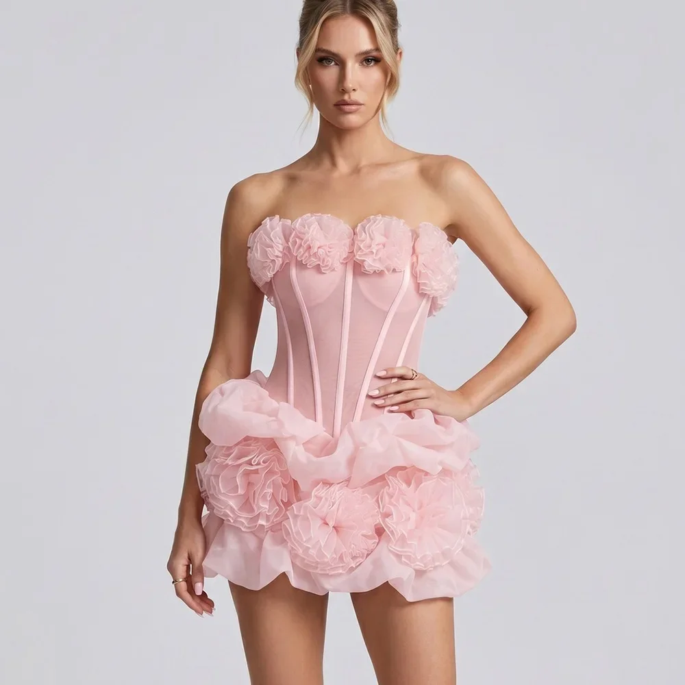 Fashionable Pink Strapless Mesh Corset Mini Dress Elegant 3D Rosette Bubble Dresses Luxurious Prom Gown For Birthday Party Club