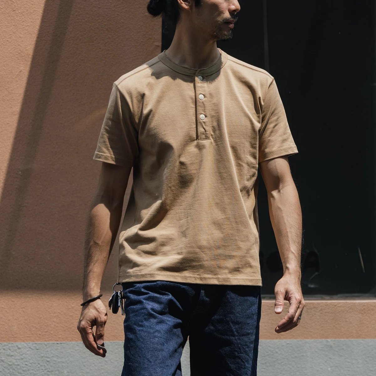 Rugged Bronson Bronson 21s2 Men's Heavyweight Pure Cotton Henry Collar Base Shirt American Retro Short Sleeve T-shirt