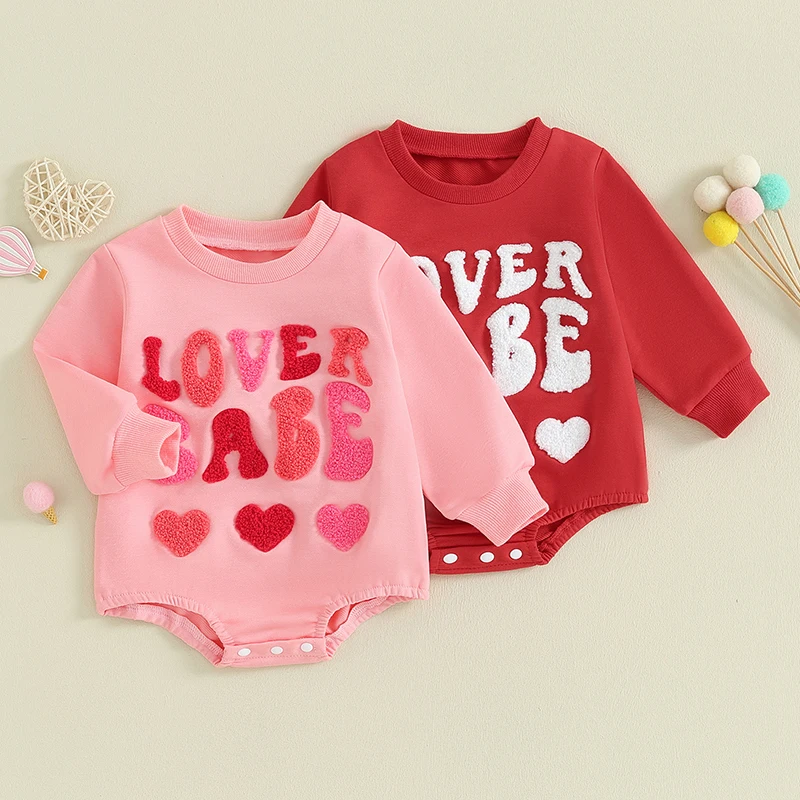 

Newborn Baby Girls Boys Sweatshirts Rompers Valentine's Day Clothes Letter Heart Fuzzy Embroidered Long Sleeve Toddler Jumpsuits