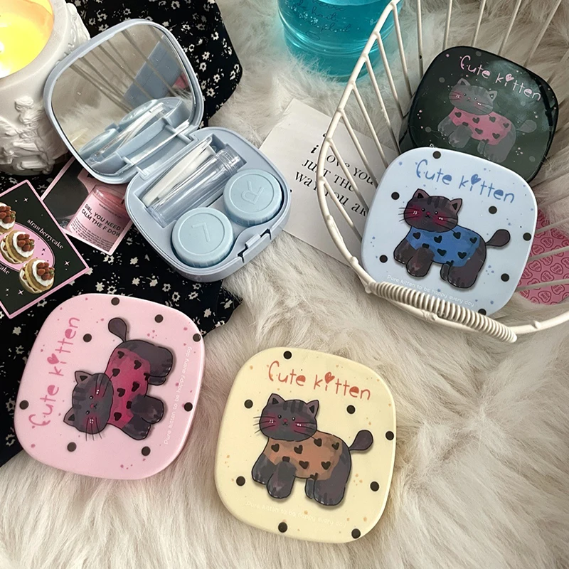 Cute Cat Graffiti Pattern Contact Lens Case Box With Mirror Contact Lens Container Box Travel Kit