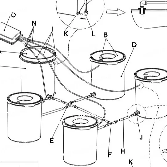 1 + 4 drum DWC soilless cultivation planting system + drip irrigation configuration plan