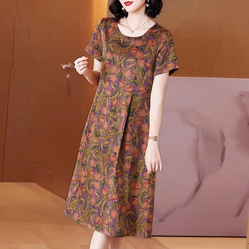 Mulberry Silk Fragrant Cloud Yarn Summer Female Clothing Round Neck Vintage Printing Loose Short Sleeve Pleated Midi Dresses