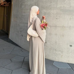 Uni ramadan muçulmano sólido rugas vestidos para mulher dubai marroquino pétala manga abayas o-pescoço elegante kebaya 2024