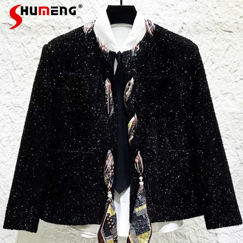 

Мужская осень-зима 2025, новая индивидуальная мода, дизайн шарфа, шикарная куртка в стиле ретро, легкая роскошная модная маленькая ароматная куртка, пальто