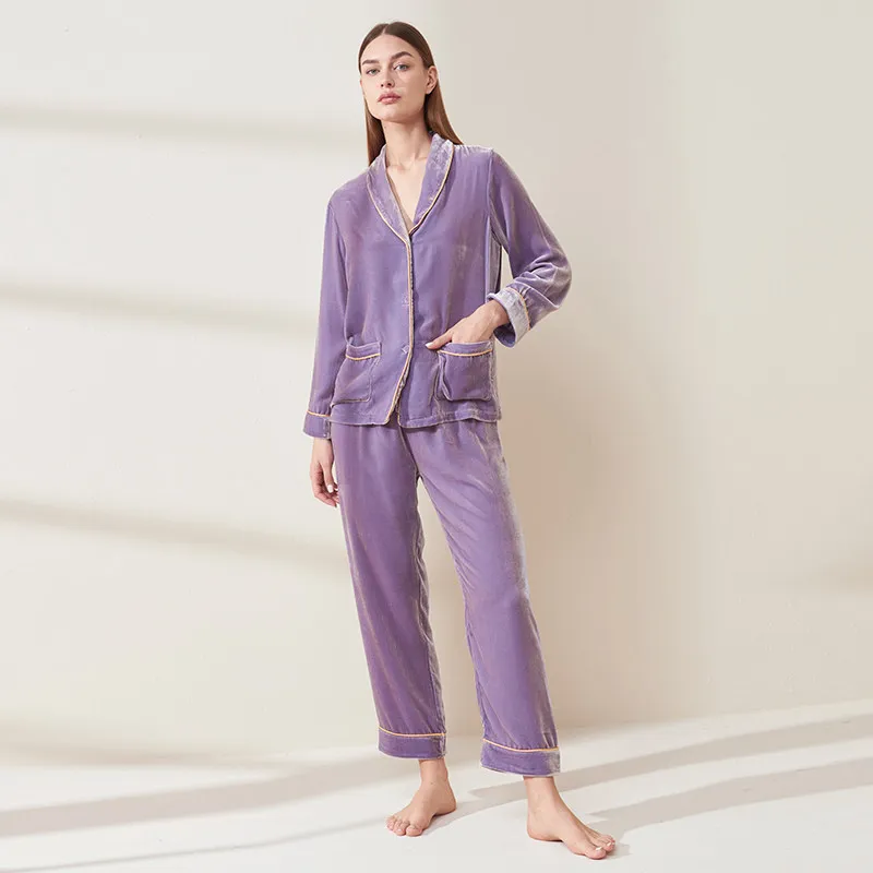 Womens Silk Velvet Pajamas Set Winter Thick Long Sleeve Pants Notched Collar Homewear Loungewear PJ Elegant Pajama Two Piece Set