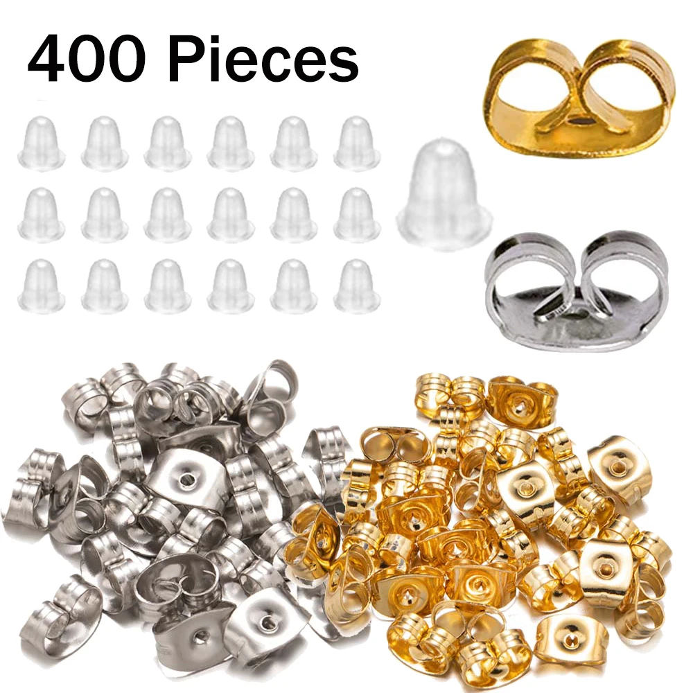 400pcs Stainless Steel Earring Safety Back Stopper Bullet Shape Butterfly Plastic Secure Replacement Kit for DIY Jewelry Making