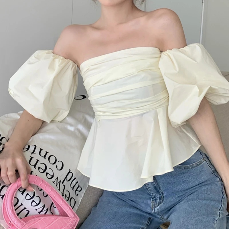 

French One Shoulder Puff Sleeve T-Shirt Women's Fashion Pleated Bandeau Woman Top Summer Simple Solid Short Sleeve Clothes Lady