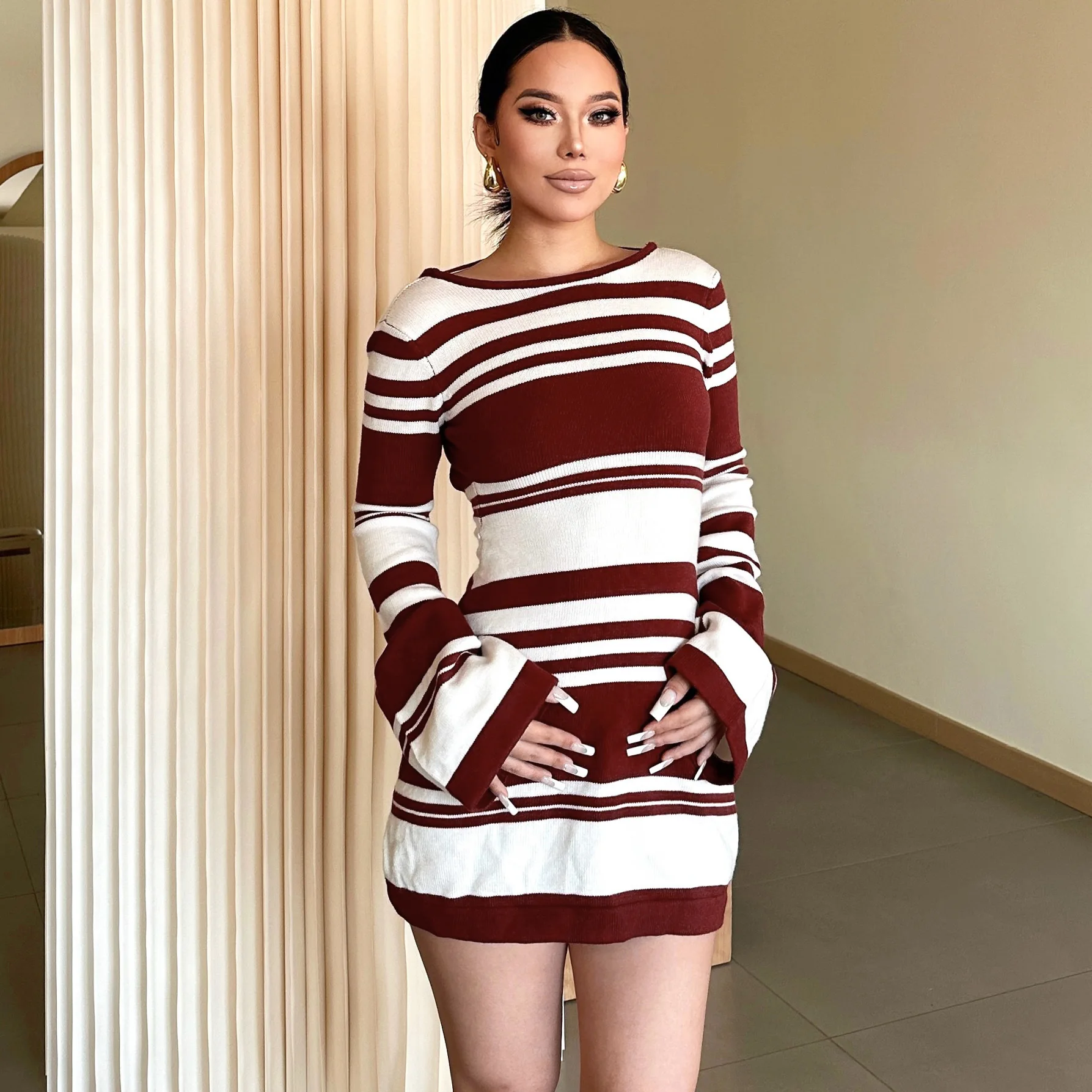 

Women Striped Pattern Backless Bodycon Knitted Sweater Dress Sexy Crochet Flare Sleeve Streetwear Mini Dresses