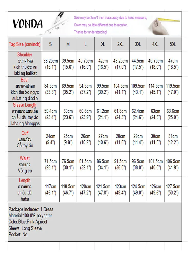 ชุดเดรสปาร์ตี้ VONDA รุ่น Elegant สำหรับผู้หญิง แขนยาว จับจีบ สีพื้น เสื้อเชิ้ตยาวแบบเดรส  แฟชั่นฤดูใบไม้ร่วง 2025 ชุดทำงาน