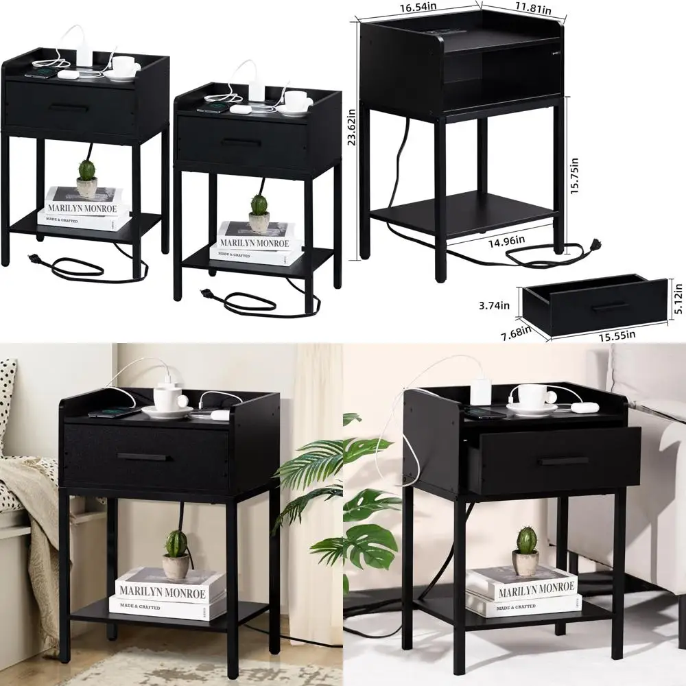 

Charging Station Nightstands Set of 2 with USB Ports, 3-Tier Storage End Table, Modern Design Side Table with Drawer and Shelf