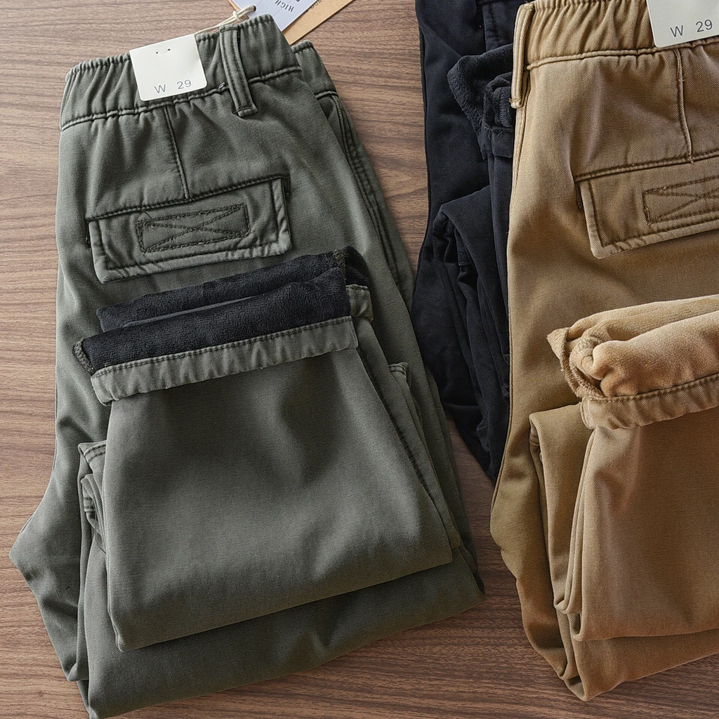 

2024, зимние новые американские ретро толстые бархатные брюки-карго, мужские простые прямые повседневные брюки из 100% хлопка с завязками