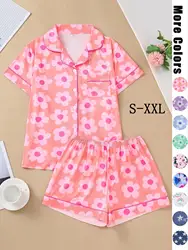 Floral printed pajama set comfortable button up cardigan lapel short sleeved top elastic waistband shorts women's home wear