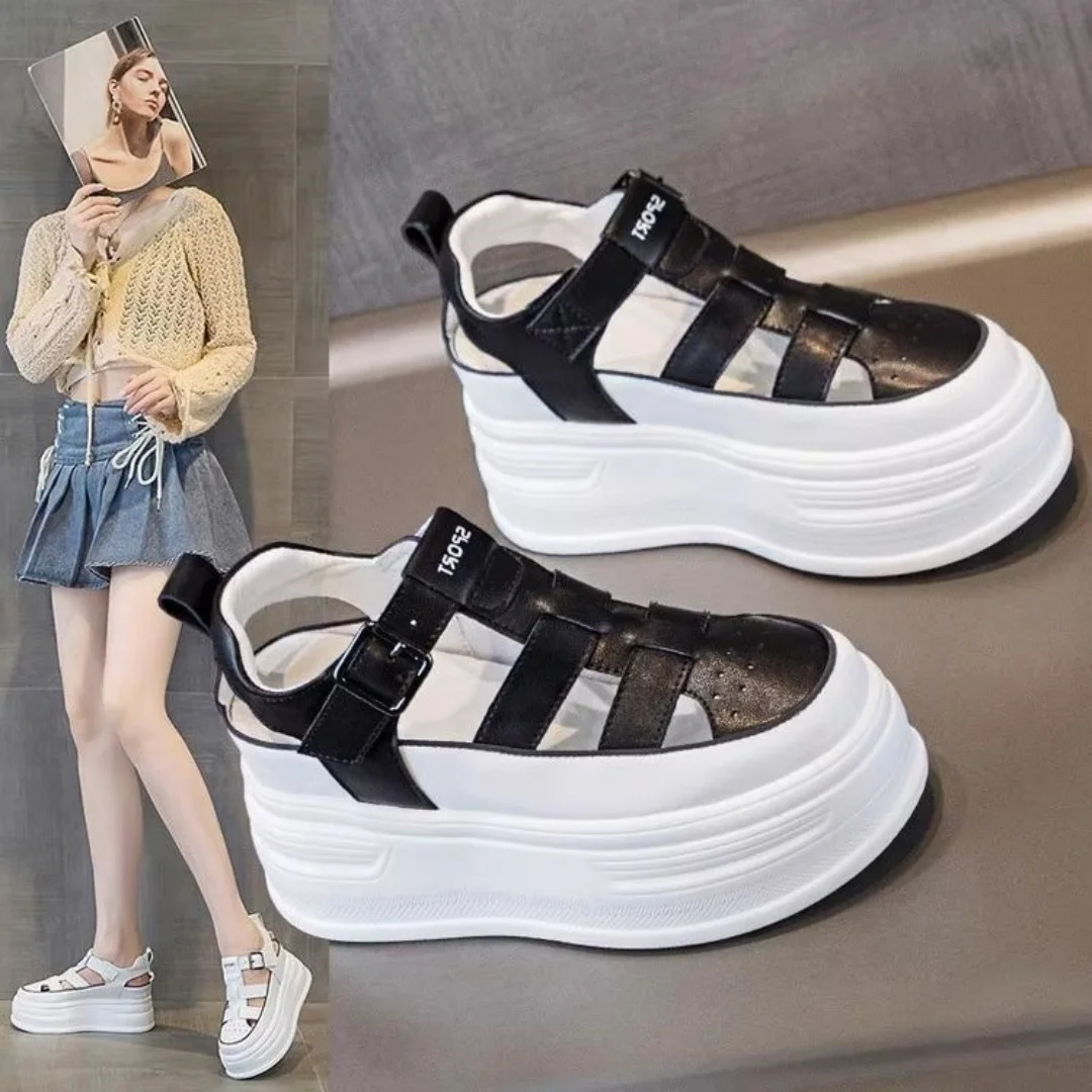 Women's Sandals 2026 Summer New Style Thick Bottom Height Increase 8CM Hollow Sponge Cake Shoes Casual White Shoes