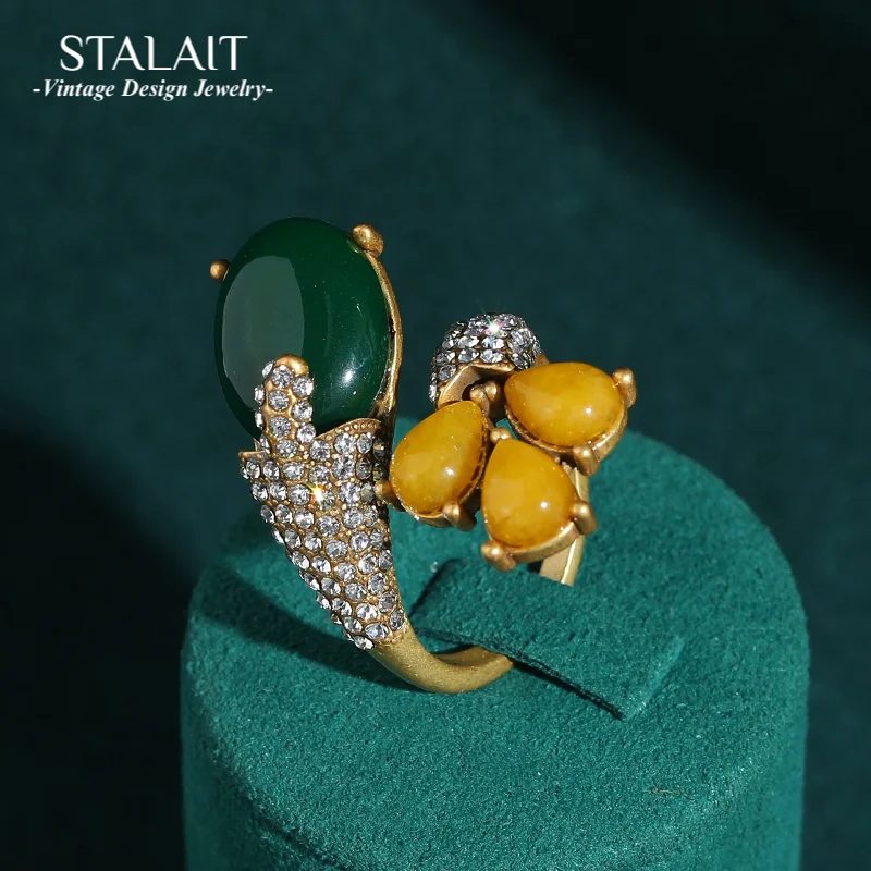 

Vintage Jewellery Stone Green Rings For Woman Flower Party Accessories Natural Rhinestones Antique Gold Color Christmas Trendy