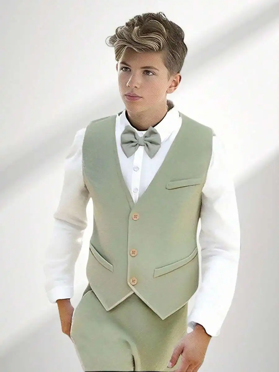 

Трехкомпонентный строгий костюм для мальчиков: жилет, брюки и галстук-бабочка в цвете шалфейно-зеленый