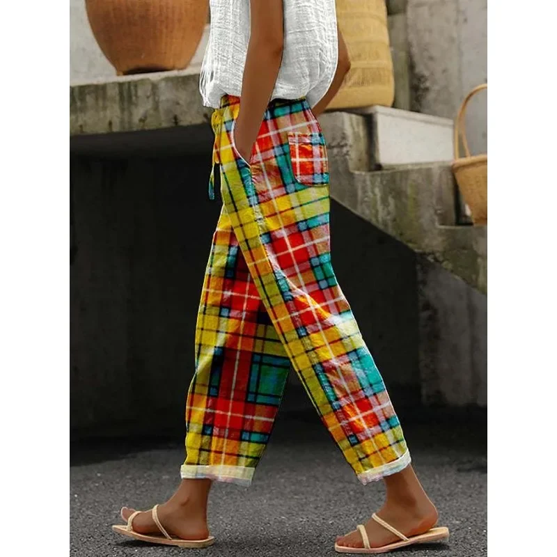 Vintage Check Print Schnür Freizeit hose Vintage Check Sommer Knopf gestreifte Hose Harajuku Frauen stilvolle Retro-Hosen