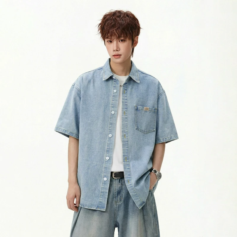 

Retro Washed Denim Short-sleeved Shirt Men's 2026 Spring/Summer New Fashionable Japanese Loose Casual Distressed Shirt Jacket