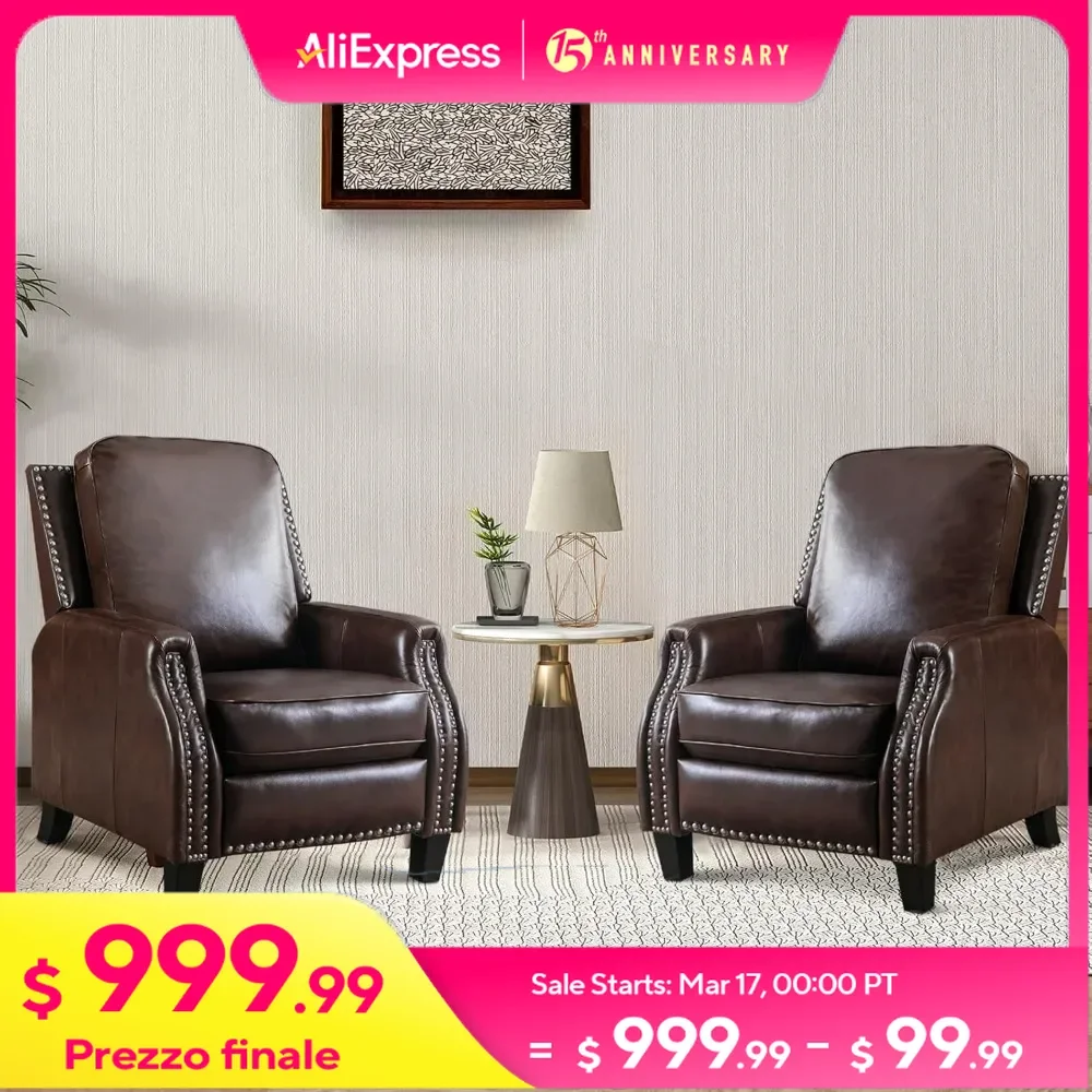 

Leather Recliner Chair Set of 2, Classic and Traditional Push Back Recliner Chair with Solid Wood Legs, Adjustable Single Sofa