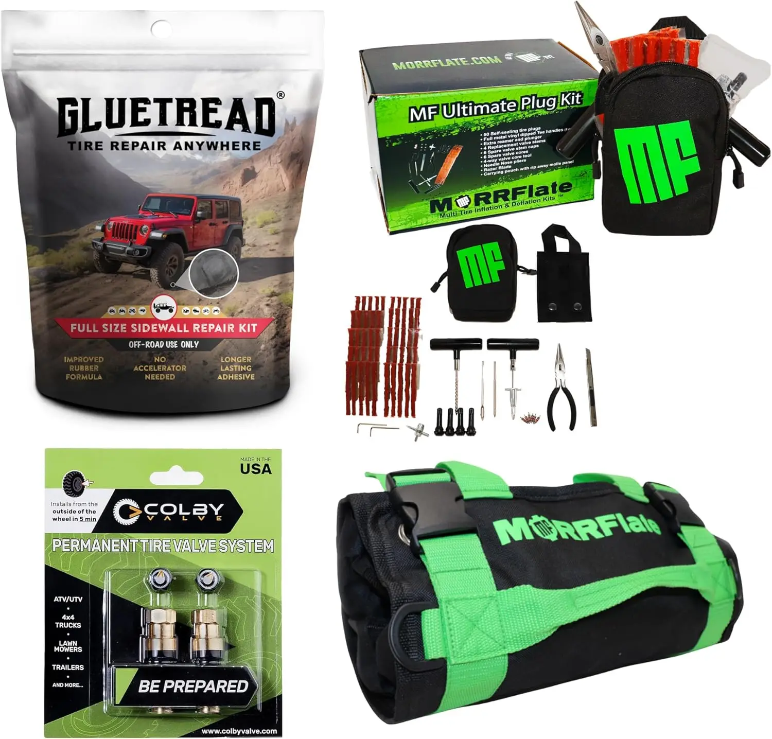 4×4 Tire Repair Kit Complete Off-Road Tire Repair Includes Tool Roll Bag, Tire Plug Kit,  Sidewall Repair Kit, and Two