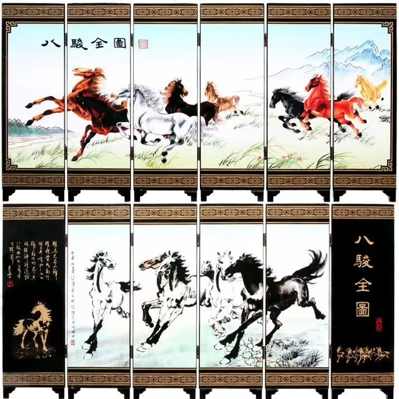 ( Mini ) Exquisite Chinese Classical  Lacquer Painting Decorative Eight Horses Folding Screen