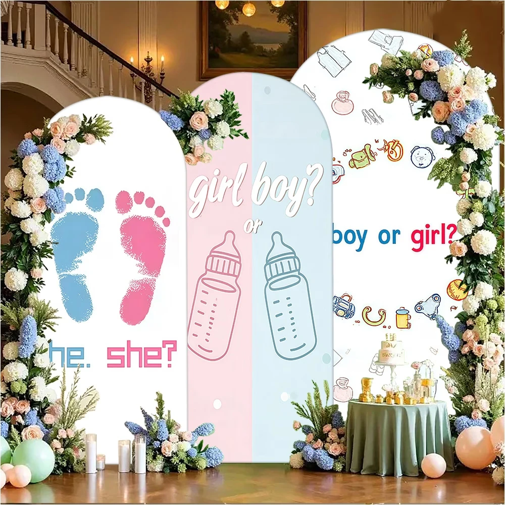 2-sided Gender Reveal Chiara Arch Backdrop Cover Boy Or Girl He or She Newborn Baby Shower Background Footprint Milk Bottle